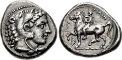 KINGS of MACEDON. Philip II. 359-336 BC. AR Didrachm (17.5mm, 7.06 g, 9h). Amphipolis mint. Struck circa 355-349/8 BC. Head of Herakles right, wearing lion skin / ΦIΛIΠ-ΠOY, Philip, wearing kausia, ch