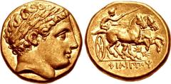 KINGS of MACEDON. temp. Philip II – Alexander III. Circa 340/36-328 BC. AV Stater (17mm, 8.60 g, 8h). In the name and types of Philip II. Pella mint. Head of Apollo right, wearing laurel wreath / ΦIΛI