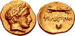 KINGS of MACEDON. temp. Philip II – Alexander III. Circa 340/36-328 BC. AV Twelfth Stater (8mm, 0.71 g, 5h). In the name and types of Philip II. Pella mint. Head of Apollo right, wearing laurel wreath