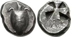 ISLANDS off ATTICA, Aegina. Circa 525-480 BC. AR Stater (18mm, 11.77 g). Sea turtle, head in profile, with thin collar and row of dots down its back / Incuse square with mill-sail pattern. Meadows, Ae