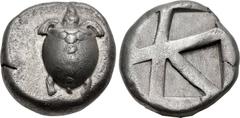 ISLANDS off ATTICA, Aegina. Circa 480-457 BC. AR Stater (20mm, 12.09 g, 10h). Sea turtle, head in profile, with ‘T-back’ design on shell / Large square incuse with skew pattern. Meadows, Aegina , Grou