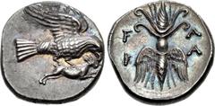 ELIS, Olympia. 134th-143rd Olympiad. Circa 244-208 BC. AR Drachm (17mm, 4.96 g, 7h). Ka–, magistrate. Eagle flying right, tearing at hare held in its talons / Vertical thunderbolt with volutes above, 