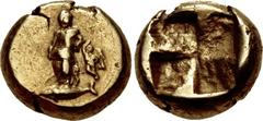 MYSIA, Kyzikos. 5th-4th centuries BC. EL Myshemihekte – Twenty-fourth Stater (6.5mm, 0.66 g). Aphrodite standing half-left, leaning on column to right, before column Eros stands half-right; below, tun