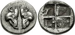 LESBOS, Unattributed Koinon mint. Circa 478-460 BC. BI Twenty-fourth Stater (8mm, 0.57 g). Confronted boars’ heads; BP above / Quadripartite incuse square. Lazzarini, Contribution , Series IV var. (un