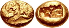 KINGS of LYDIA. Kroisos. Circa 564/53-550/39 BC. AV Stater (16mm, 10.76 g). Heavy series. Sardes mint. Prototype issue. Confronted foreparts of lion, with sun on forehead, and bull / Two incuse square