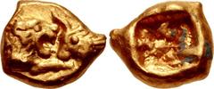KINGS of LYDIA. Kroisos. Circa 564/53-550/39 BC. AV Twenty-fourth Stater (5.5mm, 0.45 g). Heavy standard. Sardes mint. Confronted foreparts of lion and bull / Incuse square. Walberg –; Berk 14; Traité