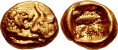 KINGS of LYDIA. Kroisos. Circa 564/53-550/39 BC. AV Twelfth Stater (6.5mm, 0.66 g). Light standard. Sardes mint. Confronted foreparts of lion and bull / Incuse square. Walberg Group VI; Berk 10–3; Tra