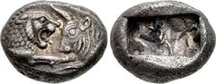 KINGS of LYDIA. Kroisos. Circa 564/53-550/39 BC. AR Third Stater (13.5mm, 3.45 g). Sardes mint. Confronted foreparts of lion and bull / Two incuse squares. Berk 24; Traité I 412; SNG von Aulock –; BMC