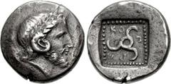 DYNASTS of LYCIA. Kuprilli. Circa 480-440 BC. AR Third Stater – Tetrobol (15.5mm, 3.81 g). Uncertain mint. Head of Karneios or Zeus-Ammon right, wearing laurel wreath / Triskeles; KO-Π-P(ΛΛ) around; a