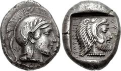 DYNASTS of LYCIA. Kherei. Circa 410-390 BC. AR Stater (16.5mm, 8.43 g, 7h). Telmessos mint. Head of Athena right, wearing crested Attic helmet decorated with spiral palmette and three olive leaves; KH