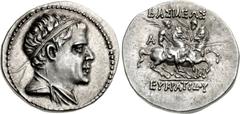 BAKTRIA, Greco-Baktrian Kingdom. Eukratides I Megas. Circa 170-145 BC. AR Drachm (19mm, 4.25 g, 12h). Diademed and draped bust right / BAΣIΛEΩΣ EYKPΑTIΔOY, the Dioskouroi on horses rearing right, crad