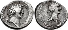 The Triumvirs. Mark Antony and Cleopatra. Autumn 34 BC. AR Denarius (18mm, 3.74 g, 12h). Alexandria(?) mint. ANTONI • ARME NIA • DE[VICTA], bare head of Mark Antony right; Armenian tiara to left / [CL