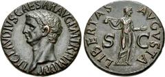 Claudius. AD 41-54. Æ As (28.5mm, 12.76 g, 6h). Rome mint. Struck AD 42-43. TI CLAVDIVS • CAESAR • AVG P M TR • P • IMP • P P, bare head left / LIBERTAS AVGVSTA, S C across field, Libertas, draped, st