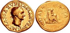 Vespasian. AD 69-79. AV Aureus (19mm, 7.04 g, 6h). “Judaea Capta” commemorative. Uncertain mint. Struck circa AD 69-70. IMP CAESAR VESPASIANVS AVG, laureate head right / IVDΛEΛ CΛPTΛ, palm tree; to ri