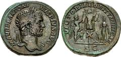 Caracalla. AD 198-217. Æ Sestertius (32mm, 29.07 g, 12h). Rome mint. Struck AD 210. M AVREL ANTONI NVS PIVS AVG, laureate bust right, slight drapery / VICTORIAE BRITTANNICAE, S C in exergue, Victory, 