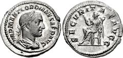 Gordian I. AD 238. AR Denarius (20mm, 2.75 g, 6h). Rome mint. IMP M ANT GORDIANVS AFR AVG, laureate, draped, and cuirassed bust right / SECVRITAS AVGG, Securitas, draped, seated left on throne, holdin
