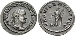 Gordian II. AD 238. AR Denarius (20mm, 3.21 g, 6h). Rome mint. IMP M ANT GORDIANVS AFR AVG, laureate, draped, and cuirassed bust right / PROVIDE N TIA AVGG, Providentia, standing facing, head left, le