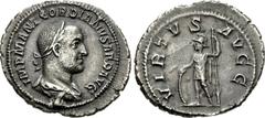 Gordian II. AD 238. AR Denarius (20.5mm, 2.68 g, 6h). Rome mint. IMP M ANT GORDIANVS AFR AVG, laureate, draped, and cuirassed bust right / VIRTVS AVGG, Virtus, helmeted, in military dress, standing le