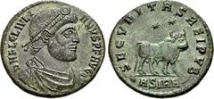 Julian II. AD 360-363. Æ (28mm, 8.66 g, 12h). Sirmium mint, 1st officina. 4th emission. D N FL CL IVLI ANVS P F AVG, pearl-diademed, draped, and cuirassed bust right / SECVRITAS REI PVB, bull standing