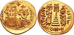 Constans II, with Constantine IV, Heraclius, and Tiberius. 641-668. AV Solidus (20mm, 4.28 g, 6h). Syracuse mint. Struck 659-661. ∂ N CONSτANτINЧS CONSτANIЧ, crowned facing busts of Constans, with lon