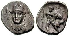 CALABRIA, Tarentum. Circa 280-228 BC. AR Diobol (1.08 gm). Estimate $400 CALABRIA, Tarentum. Circa 280-228 BC. AR Diobol (1.08 gm). Head of Athena facing slightly left, wearing triple crested helmet /