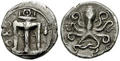 BRUTTIUM, Kroton. Circa 460-440 BC. AR Triobol (1.08 gm). Estimate $200 BRUTTIUM, Kroton. Circa 460-440 BC. AR Triobol (1.08 gm). Tripod; grain ear right / Octopus. Attianese 80 (same dies); SNG ANS 4
