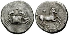 SICILY, Akragas. Siculo-Punic period. Circa 4th Century BC. AR Diobol (1.64 gm). Estimate $500 SICILY, Akragas. Siculo-Punic period. Circa 4th Century BC. AR Diobol (1.64 gm). Crab; small M above / Ho