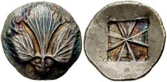 SICILY, Selinos. Circa 530-510 BC. AR Didrachm (8.97 gm). Estimate $750  SICILY, Selinos. Circa 530-510 BC. AR Didrachm (8.97 gm). Selinon leaf; two pellets above, two more at stem forming an animal's