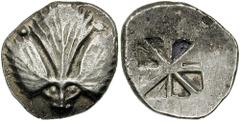 SICILY, Selinos. Circa 530-510 BC. AR Didrachm (8.74 gm). Estimate $600  SICILY, Selinos. Circa 530-510 BC. AR Didrachm (8.74 gm). Selinon leaf; two pellets above, two more at stem forming an animal's