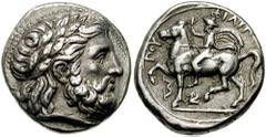 KINGS of MACEDON. Philip II. 359-336 BC. AR Tetradrachm (14.36 gm). Amphipolis mint. Struck 355-348 BC. Estimate $1000  KINGS of MACEDON. Philip II. 359-336 BC. AR Tetradrachm (14.36 gm). Amphipolis m