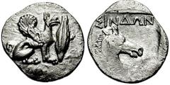 THRACE, Black Sea Area. Sindi. Circa 425-400 BC. AR Diobol (1.05 gm). Estimate $1000 THRACE, Black Sea Area. Sindi. Circa 425-400 BC. AR Diobol (1.05 gm). Griffin seated right, barley grain before / H