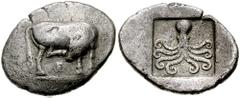 EUBOIA, Eretria. Circa 510-490 BC. AR Didrachm (7.71 gm). Estimate $3000 EUBOIA, Eretria. Circa 510-490 BC. AR Didrachm (7.71 gm). Cow standing right, head left, scratching head with its right hind fo