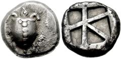 AEGINA. Circa 480-457 BC. AR Stater (12.24 gm). Estimate $1250 AEGINA. Circa 480-457 BC. AR Stater (12.24 gm). T-back turtle, head seen in profile / Large skew pattern incuse. Milbank pl. I, 15; SNG D