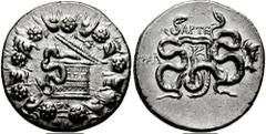 LYDIA, Tralles. Circa 128-85 BC. AR Cistophoric Tetradrachm (12.56 gm). Estimate $200 LYDIA, Tralles. Circa 128-85 BC. AR Cistophoric Tetradrachm (12.56 gm). Cista mystica with serpent, all within ivy