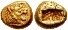 KINGS of LYDIA. Uncertain King. Before 561 BC. EL Trite (4.72 gm). Estimate $1500  KINGS of LYDIA. Uncertain King. Before 561 BC. EL Trite (4.72 gm). Head of roaring lion right, sun with five rays on 