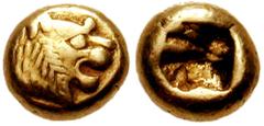 KINGS of LYDIA. Uncertain King. Before 561 BC. EL Hemihekte-1/12 Stater (0.98 gm). Estimate $300 KINGS of LYDIA. Uncertain King. Before 561 BC. EL Hemihekte-1/12 Stater (0.98 gm). Head of roaring lion