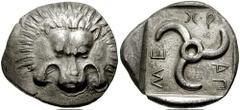 DYNASTS of LYCIA. Mithrapata. Circa 380-375 BC. AR Stater (9.85 gm). Estimate $1500  DYNASTS of LYCIA. Mithrapata. Circa 380-375 BC. AR Stater (9.85 gm). Facing lion's scalp / Lycian triskeles in incu