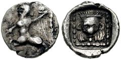 SAMARIA. Circa 375-333 BC. AR Hemiobol (0.24 gm). Estimate $400 SAMARIA. Circa 375-333 BC. AR Hemiobol (0.24 gm). Figure holding object / Facing head of Bes in dotted incuse square. Meshorer & Qedar 1