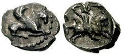SAMARIA.Circa 375-333 BC. AR Tetartemorion (0.20 gm). Estimate $500 SAMARIA. Circa 375-333 BC. AR Tetartemorion (0.20 gm). Crouching winged bull right / Persian satrap on horseback right, spear poised