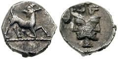 SAMARIA. Circa 375-333 BC. AR Hemiobol (0.41 gm). Estimate $500  SAMARIA. Circa 375-333 BC. AR Hemiobol (0.41 gm). Goat kneeling right, head reverted / Bi-faced head, the left beardless and wearing ca