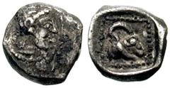 SAMARIA. Circa 375-333 BC. AR Hemiobol (0.35 gm). Estimate $900  SAMARIA. Circa 375-333 BC. AR Hemiobol (0.35 gm). Male head right, hair bound with taenia / Facing lion's scalp. Meshorer & Qedar 163. 