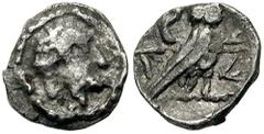 SAMARIA. Circa 375-333 BC. AR Hemiobol (0.29 gm). Estimate $700 SAMARIA. Circa 375-333 BC. AR Hemiobol (0.29 gm). Helmeted head of Athena right / Owl standing right; Aramaic "SMR" (?) to right. Meshor