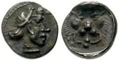 SAMARIA. Circa 375-333 BC. AR Tetartemorion (0.12 gm). Estimate $300 SAMARIA. Circa 375-333 BC. AR Tetartemorion (0.12 gm). Female head right / Head of goat right in dotted incuse square. Meshorer & Q