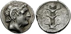 KYRENAIKA, Kyrene. Circa 277-275 BC. AR Didrachm (6.88 gm). Estimate $1500  KYRENAIKA, Kyrene. Circa 277-275 BC. AR Didrachm (6.88 gm). Horned head of Apollo Karneios left / BA-SI, silphium plant; bra