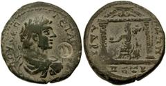 Estimate $300  SYRIA, Decapolis. Petra. Geta, as Caesar. 198-209 AD. Æ 29mm (15.29 gm). POU CEP GETAC KAI, laureate and draped beardless bust right; countermark: E• / ADRI PETR MHT, distyle temple wit