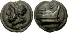 ROME. Circa 225-217 BC. Æ Aes Grave Semis (139.88 gm). Estimate $750 ROME. Circa 225-217 BC. Æ Aes Grave Semis (139.88 gm). Laureate head of Saturn left, S horizontally below; all on raised disk / Pro