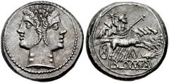 Anonymous. Circa 225-212 BC. AR Didrachm or Quadrigatus (6.61 gm). Sicilian mint. Estimate $1000  Anonymous. Circa 225-212 BC. AR Didrachm or Quadrigatus (6.61 gm). Sicilian mint. Laureate head of Jan