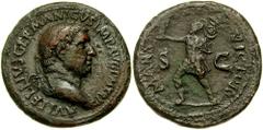 VITELLIUS. 69 AD. Æ Sestertius (23.43 gm). Rome mint. Estimate $1000 VITELLIUS. 69 AD. Æ Sestertius (23.43 gm). Rome mint. Laureate and draped bust right / Mars advancing left, holding Victory in righ