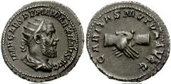 PUPIENUS. 238 AD. AR Antoninianus (4.85 gm). Estimate $500 PUPIENUS. 238 AD. AR Antoninianus (4.85 gm). Radiate, draped, and cuirassed bust right, seen from behind / Clasped hands. RIC IV 10b; RSC 3. 