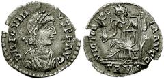 JOVINUS. 411-413 AD. AR Siliqua (0.93 gm). Trier mint. Estimate $1500  JOVINUS. 411-413 AD. AR Siliqua (0.93 gm). Trier mint. Pearl-diademed, draped, and cuirassed bust right / Roma seated left on sty